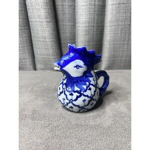 VTG Chicken Pitcher Creamer Vase Art Pottery Porcelain Blue White Thailand